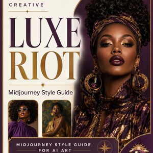 May include: A digital guide titled Creative Luxe Riot Midjourney Style Guide featuring a portrait of a person with dark curly hair, gold hoop earrings, and a purple and gold patterned garment. Includes two smaller inset photos and text.