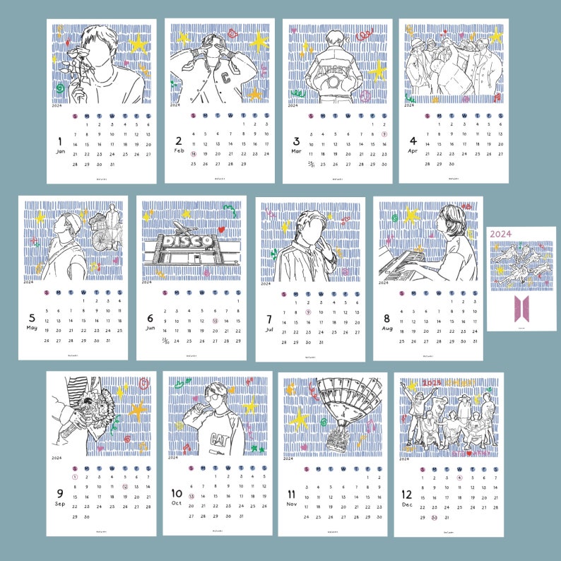 BTS OT7 Calendar 2024, A6, PDF, BTS Digital Calendar, Desk and Wall