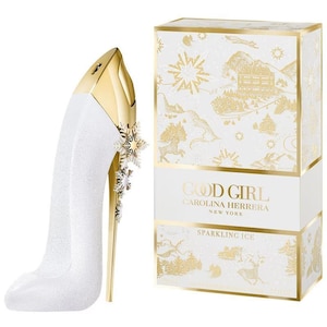 May include: A white high-heeled shoe-shaped perfume bottle with a gold heel and accents, next to a matching box. The box and bottle feature the text "GOOD GIRL" and "SPARKLING ICE". The box has a winter-themed design.