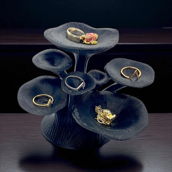Mushroom Ring Holder – 3D Printed Jewelry Stand for Rings, Earrings, Accessories – Black Modern Design