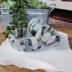 Moss Agate Soft Bangle Bracelet, Transparent Beads, Reduce Stress, Anxiety, Mood Swings, Calming, Balance, Peace, Boosts Immune System, 24mm