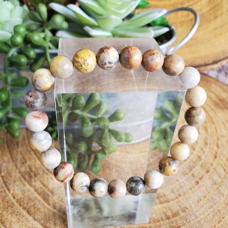 Pode incluir: Um bracelete de &aacute;gata marrom, branco e amarelo com contas redondas. O bracelete &eacute; exibido em um bloco de acr&iacute;lico transparente.