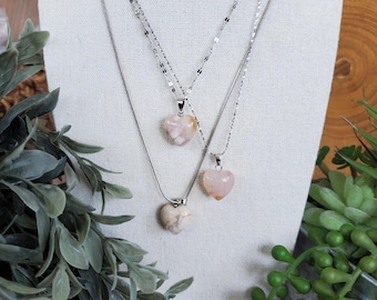 Natural Pink Flower Agate Heart Pendant, Flower Agate Heart Necklace, Crystal Pendant