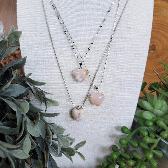 Natural Pink Flower Agate Heart Pendant, Flower Agate Heart Necklace, Crystal Pendant