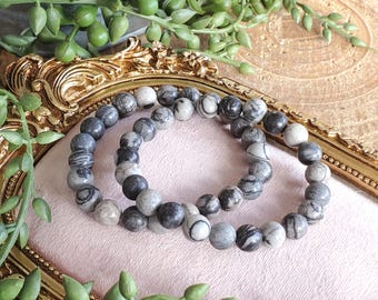 Black Network Jasper Bracelet, 8mm, Beautiful Banding, Pick your size, Crystal Beaded Bracelet