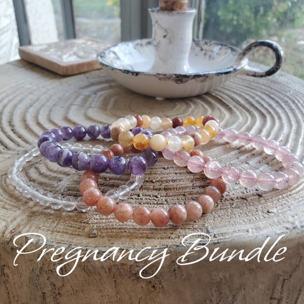 Pregnancy Bracelet Bundle, Moonstone Bracelet, Golden Healer, Crystal Quartz, Rose Quartz and Amethyst Crystal Bracelets, Pregnancy Gift