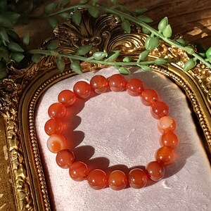 May include: A bracelet composed of orange-red, spherical beads. The beads have a polished, glossy finish. The bracelet is displayed on a pink surface, with a gold-coloured ornate frame in the background. Green leafy sprigs are also visible.