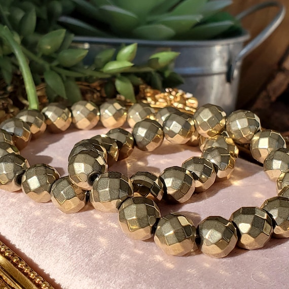 Gold Pyrite Faceted Pyrite Bracelet, 9mm Natural Pyrite, Shiney Gold Pyrite, Faceted Pyrite Beads, Pyrite Beaded Bracelet, Gold Pyrite