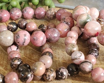 Pink and Black Rhodonite Bracelet, Beaded Bracelet, Crystal Bracelet, Pink Bracelet, Black Pink Rhodonite, Natural Bracelet
