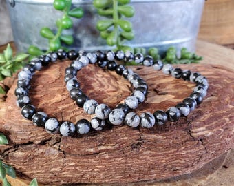 Snowflake Obsidian Bracelet, 6mm Natural Snowflake Obsidian, Black Obsidian with Snowflake, Crystal Bracelet,