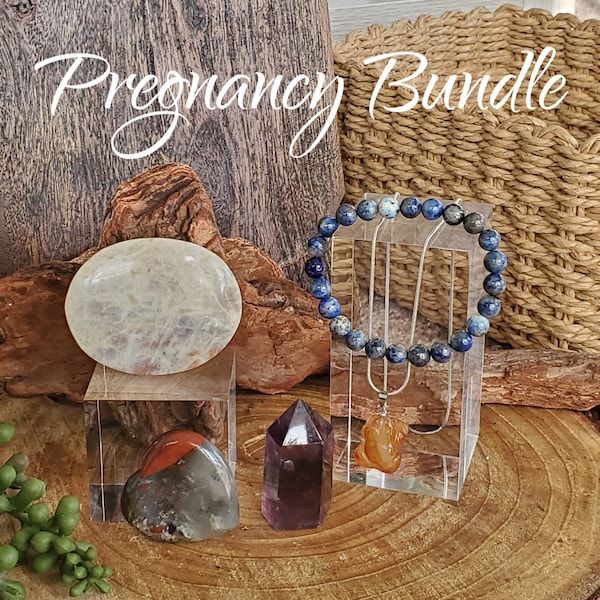 Pregnancy Gift, Healthy Pregnancy Crystal Bundle, Moonstone, Amethyst point, Lapis Lazuli bracelet, Bloodstone heart, Carnelian Necklace