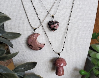 Natural Rhodonite Heart, Mushroom or Moon Pendant, Rhodonite Necklace, Crystal Pendant