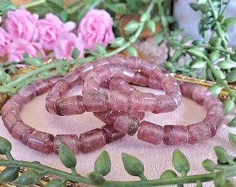 Natural Strawberry Quartz Bracelet, 7x9mm Barrel Beads, Beautiful Pink Strawberry Quartz Crystal, Beaded Bracelet, Cylinder Crystal Bracelet