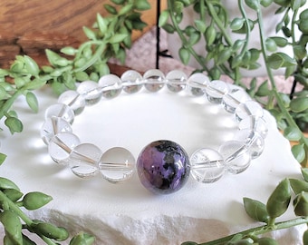 High-Quality Clear Quartz & Charoite Bracelet, 10mm HQ Clear Quartz, Charoite 15mm Chunky Focal Bead, Natural Charoite