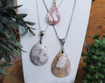 Natural Pink Flower Agate Teardrop Pendant, Flower Agate Necklace, Crystal Pendant, Flower Crystal Pendant, Crystal Necklace