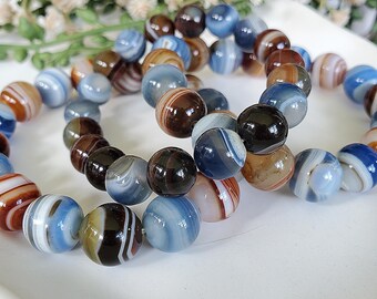 Natural Botswana Agate, 9-12mm Blue Sardonyx Agate, Colorful Sardonyx, Banded Botswana, Banded Sardonyx, Beaded Bracelet, Crystal Bracelet