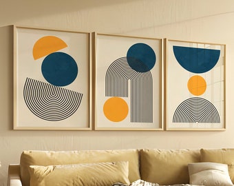 Navy Blue and Yellow Mid Century, Modern Wall Art Set of 3, Bohemian Botanical Posters, Boho Blue, Gallery Wall Set, Home Decor, Printable