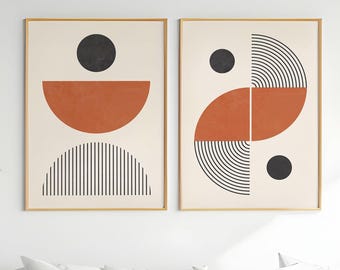 Boho Abstract Set of 2 Print, Brown Mid Century Modern Wall Art, Bohemian Botanical Posters, Boho Gallery Set, Boho Brown, Digital Download