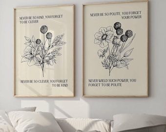 Juego de 2 láminas con la frase "Nunca seas tan amable que olvides ser inteligente", arte mural de moda, Taylor Art, Marjorie Print, estampado floral, descarga digital.