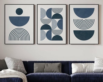 Navy Blue Mid Century Modern Wall Art, Set of 3, Bohemian Botanical Posters, Boho Blue, Gallery Wall Set, Dorm Room Decor, Digital Download