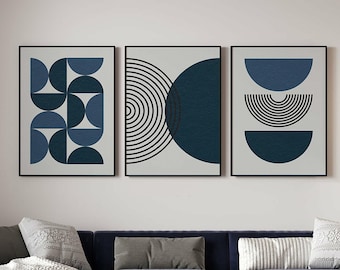 Navy Blue Mid Century, Modern Wall Art Set of 3, Bohemian Botanical Posters, Boho Blue, Gallery Wall Set, Home Decor, Printable