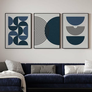 Blu navy Mid Century, set di 3 stampe da parete moderne, poster botanici boho, blu boho, set da parete per gallerie, arredamento per la casa, stampabile