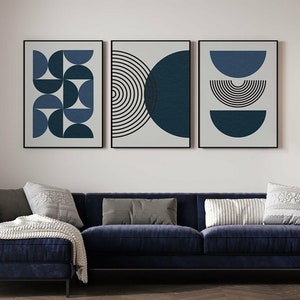 Navy Blue Mid Century, Modern Wall Art Set of 3, Bohemian Botanical ...