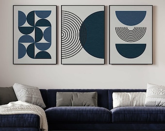 Navy Blue Mid Century, Modern Wall Art Set of 3, Bohemian Botanical Posters, Boho Blue, Gallery Wall Set, Home Decor, Printable