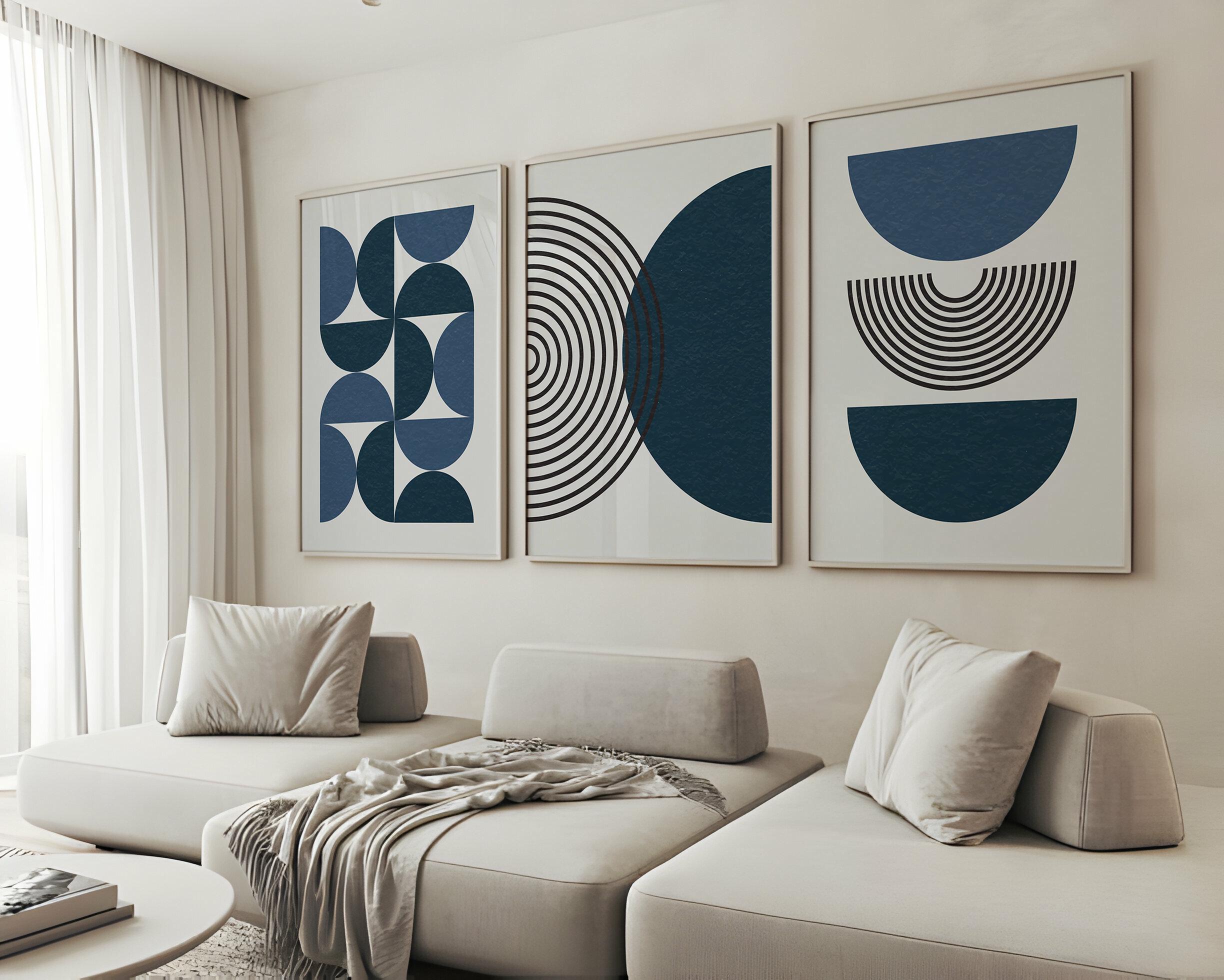 Navy Blue Mid Century, Modern Wall Art Set of 3, Bohemian Botanical ...
