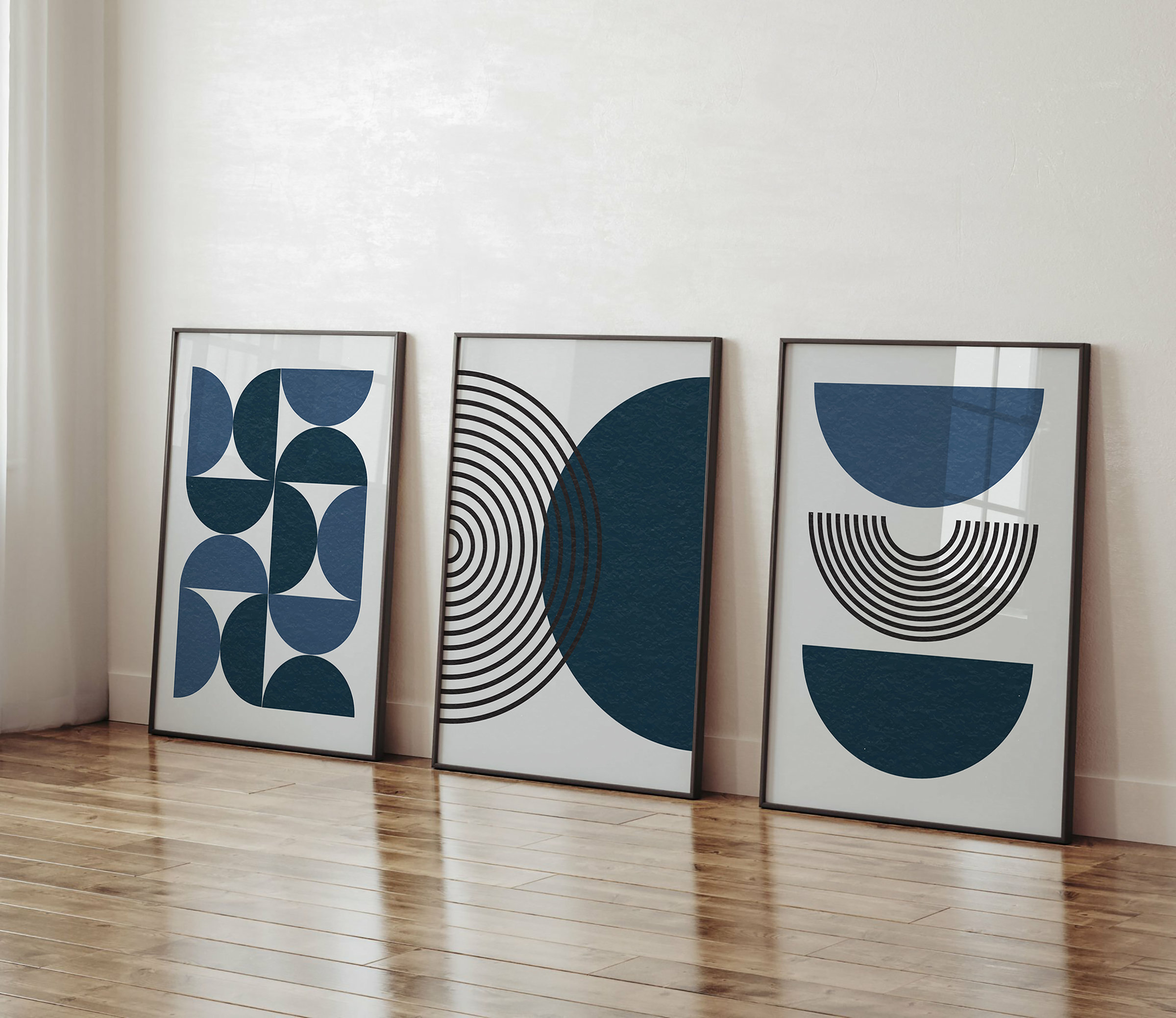 Navy Blue Mid Century, Modern Wall Art Set of 3, Bohemian Botanical ...