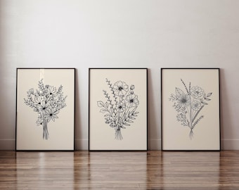 Ensemble de 3 tirages d'art au trait fleur, impression bouquet de fleurs, dessin au trait floral, fleur botanique, décoration d'intérieur, téléchargement numérique