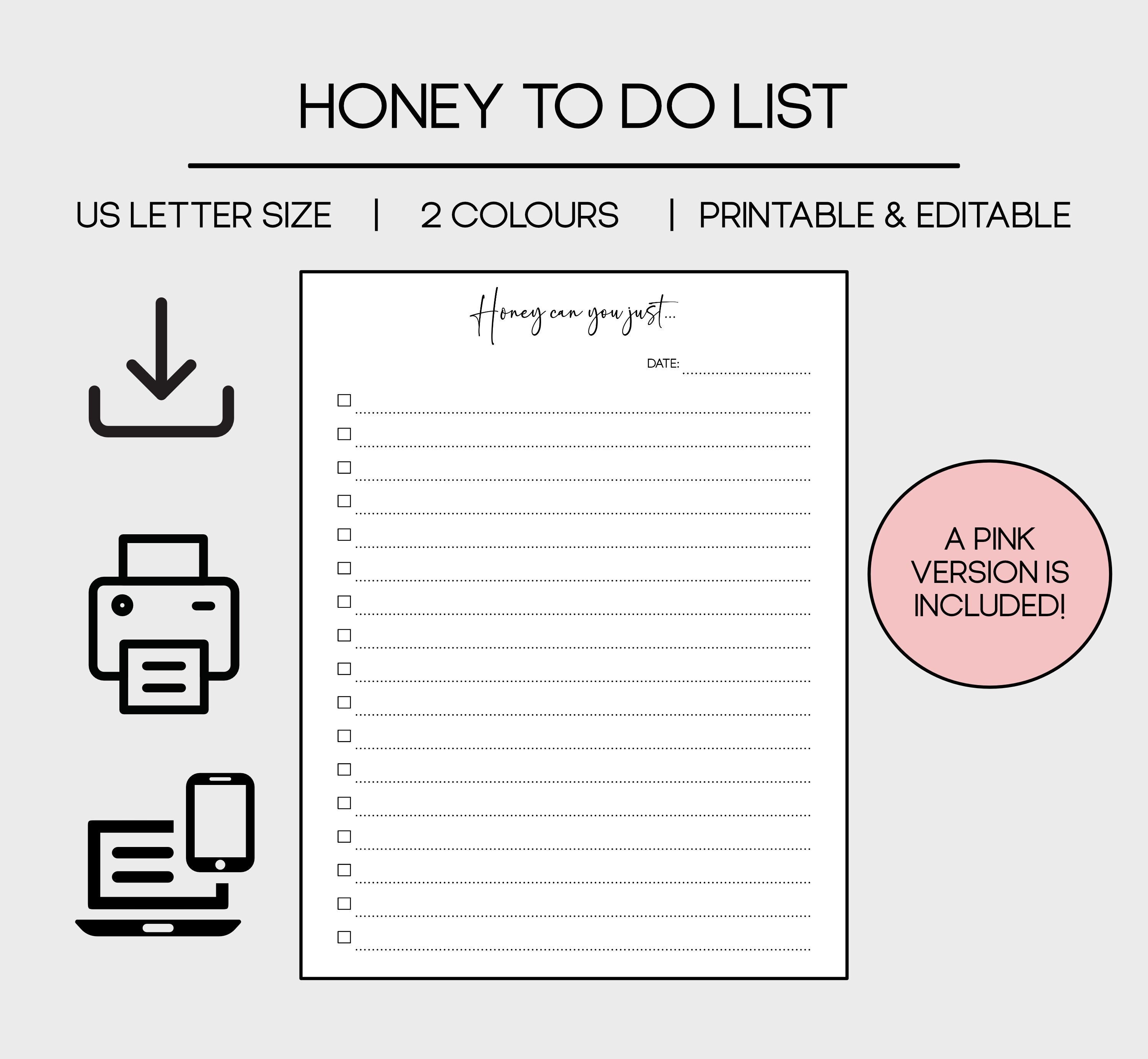 Honey to Do List, to Do List Templates, Blank Editable Checklist ...