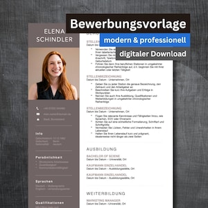 Könnte beinhalten: Eine Bewerbungsvorlage mit modernem und professionellem Design. Die Vorlage enthält Abschnitte für persönliche Informationen, Berufserfahrung, Ausbildung und Fähigkeiten. Die Vorlage steht zum digitalen Download bereit.