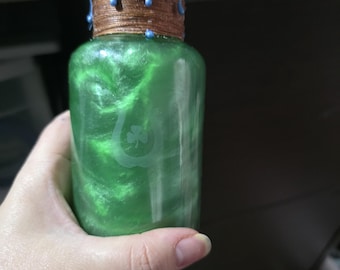 Lucky Potion Bottle | Horseshoe & Clover Etched Glass | Witchcraft Decor | Good Luck Charm | Fantasy Altar Decor | Magical Gift