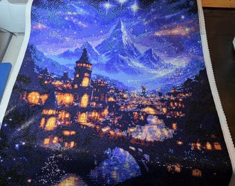 Cuadro de diamantes "Ciudad de Montaña Celestial" 60 x 80 cm / Arte de pared Fantasía de Medianoche