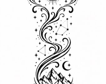May include: A vertical black and white line art illustration featuring a central eye at the top, surrounded by swirling filigree, stars, and constellations. Below the eye, a mountain range is depicted, framed by more decorative scrolls and stars.