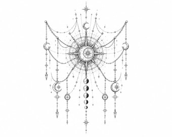 May include: A black and white line art illustration featuring a central compass star surrounded by crescent moons, hanging chains, and dangling crystal-like pendants. The design includes small starbursts and a vertical sequence of moon phases.