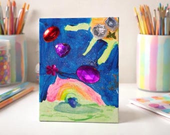 Original Mixed Media Canvas Art – Rainbow Dream Sky, Glitter Gem Painting