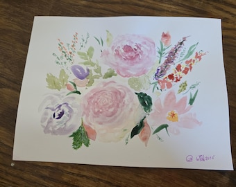 May include: Watercolour painting of a floral bouquet. The arrangement features large, soft pink roses, lavender, and other colourful flowers with green foliage. The artwork is signed and dated.