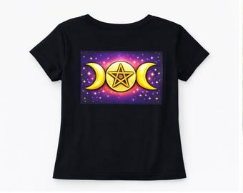 Triple Moon Goddess Shirt, Witchy Aesthetic Tee, Celestial Pentacle T-Shirt, Pagan Moon Phase Shirt, Mystic Galaxy Top