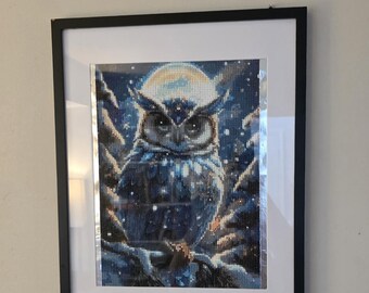 May include: A framed diamond painting featuring a detailed owl perched on a branch against a dark blue night sky with a large, glowing moon. The artwork is composed of small, reflective square beads and is encased in a simple black frame.