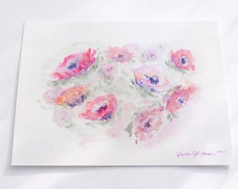 May include: Watercolour painting of pink and purple flowers with green foliage. The artwork features a soft, impressionistic style with delicate brushstrokes. The artist's signature and the year 2005 are visible in the lower right corner.