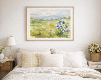 Wildflower Meadow Watercolor – Purple Floral Landscape – Original 11x15 Painting – Spring Field Art