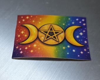 Rainbow Triple Moon Magnet – Witchy Celestial Decor – Pagan Pentacle Fridge Art