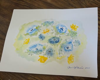 Blue & Yellow Garden Bouquet – Original Watercolor Painting, 11x15 Floral Wall Art