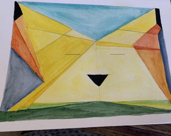 May include: Watercolour painting of a geometric lion's face. The artwork features a yellow face with blue, orange, and grey accents. The lion's nose is a black triangle, and the eyes are indicated by two horizontal lines.