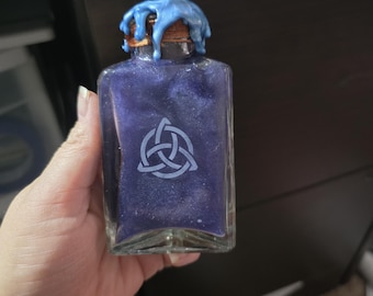Purple Potion Bottle | Triskele Symbol Etched Glass | Celtic Knot Decor | Witchcraft Altar Tool | Spiritual Energy Decor | Fantasy Gift