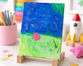 Strawberry Planet – Original 5x7 Neon Abstract Painting by 8-Year-Old Artist Kiriella | Mini Canvas Board