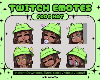 Cute Chibi Frog Hat Emotes | 6 Kawaii Emotes for Twitch and Discord | Brown Hair, Brown Eyes, Dark Skin