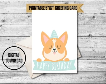 Carte de vœux de joyeux anniversaire imprimable Corgy mignon, carte d’anniversaire de chiens drôles, carte de vœux téléchargeable, cartes imprimables pour les amoureux des chiens
